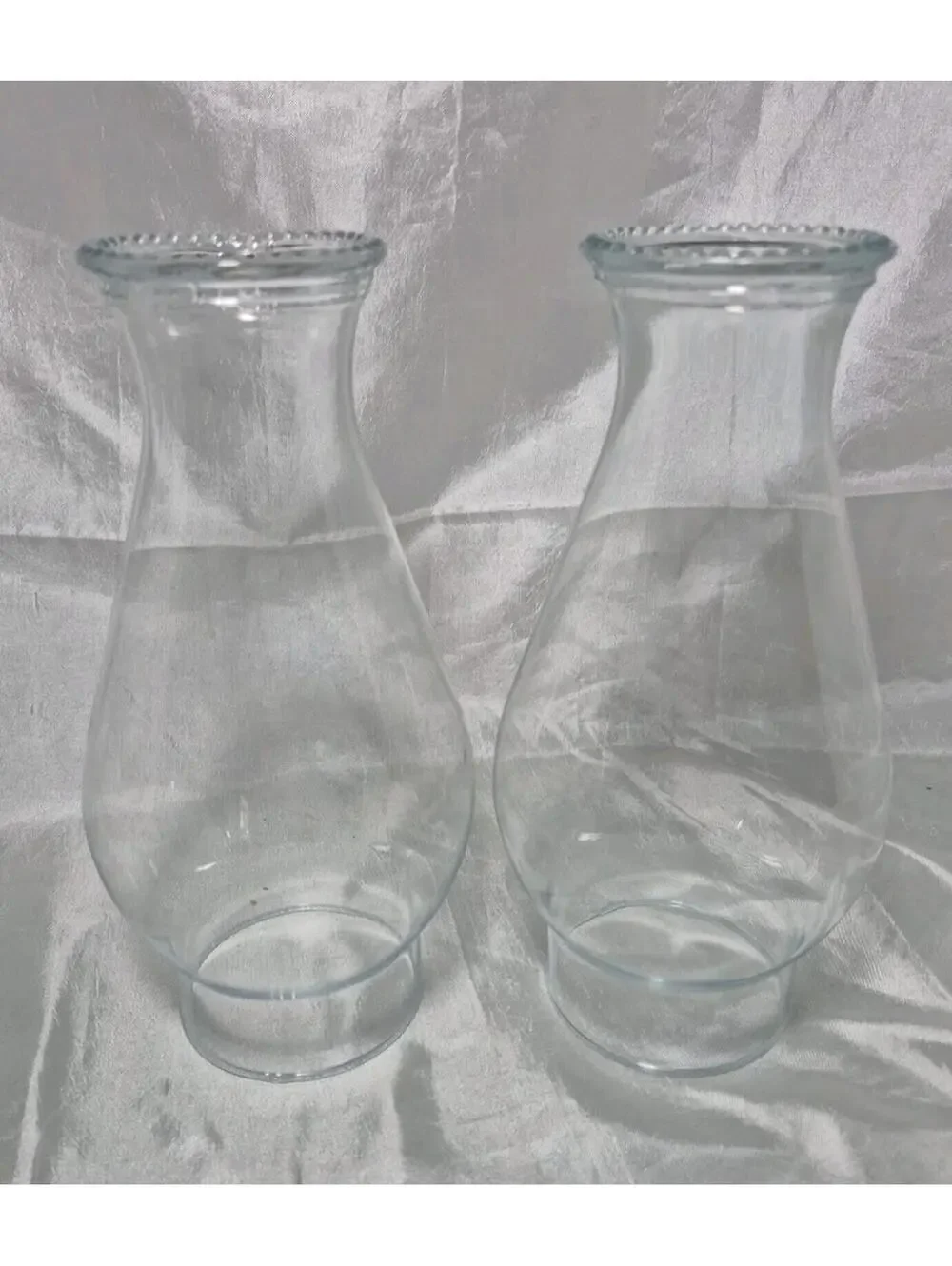 Vtg Pair Glass Chimney Oil Lamp Beaded Flared Top Rim 8 1/2